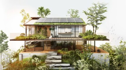 Draw a conceptual design for a sustainable eco-friendly house, highlighting green roofs, solar panels, and rainwater harvesting systems.