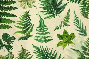 A botanical print of different types of ferns, showcasing their unique leaf shapes and intricate details.