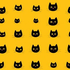 Obraz premium seamless pattern, Charming pattern of playful black cat faces on a vibrant yellow background, perfect for children's designs or festive themes.
