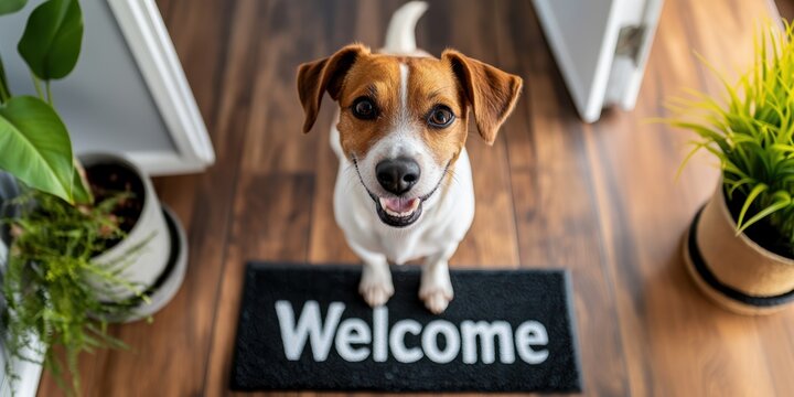Closeup of a happy jack Russell terrier smiling at the camera, standing on a black doormat or welcome mat with the text "Home" on a floor indoors, in a house interior. Doorway pet welcoming the guests