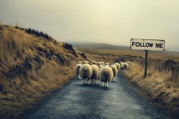Sheep walking on street or road towards the sign with text follow me. Flock group following shepherd Jesus Christ, repent, believe gospel. Spiritual road or path, led astray, Bible God