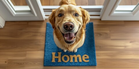 Closeup of a happy golden retriever dog smiling at the camera, standing on a blue doormat or welcome mat with the text "Home" on a floor indoors, in a house interior. Doorway pet welcoming the guests
