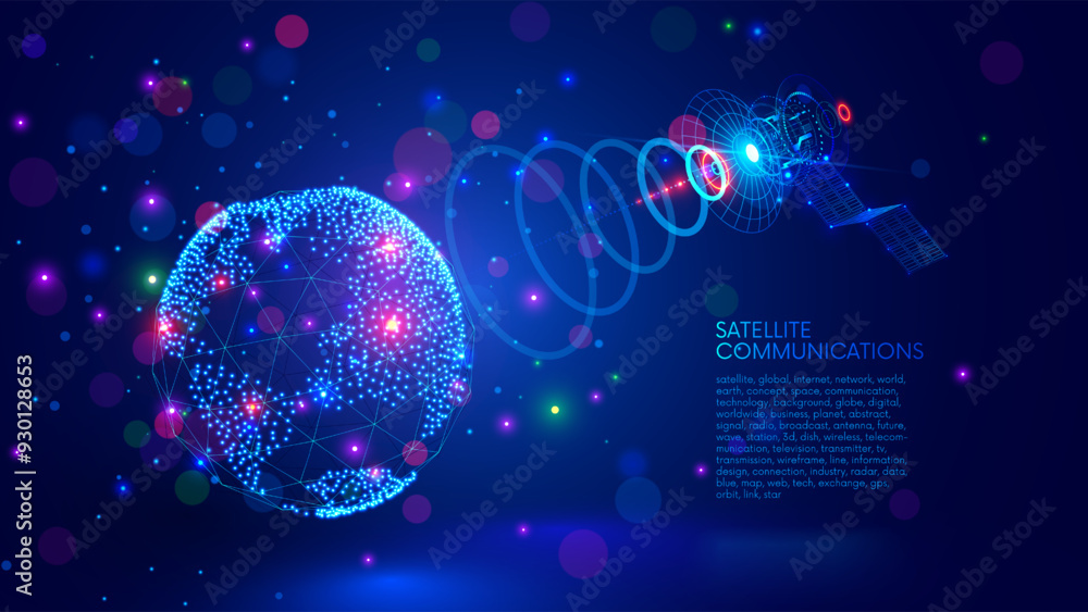 Poster Telecommunications satellite broadcasting abstract signal in space on Earth. Communication satellite antenna or dish transmits data of global internet network or tv throughout the world. Concept tech.