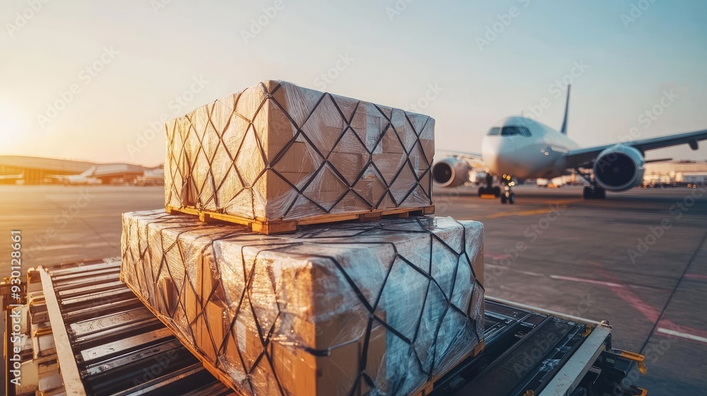 Poster air logistics loading: close-up of cargo containers being loaded into an airplane, focusing on paylo