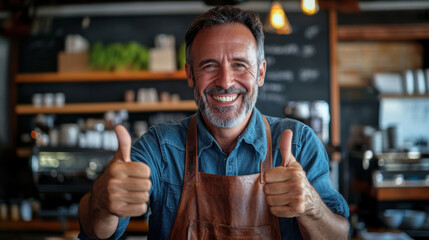 Happy small business owner, middle aged man, giving thumbs up and smiling confidently in his coffee shop