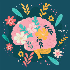 Human brain with flora. Hand drawn vector illustration