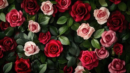 Fototapeta premium A vibrant arrangement of red and pink roses surrounded by green leaves.
