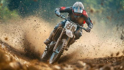 Muddy motocross rider speeding through dirt.