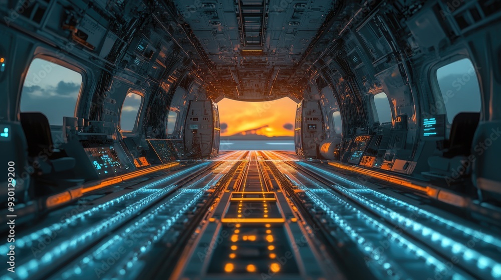Poster balanced air cargo: digital display showing weight distribution inside an aircraft, emphasizing effi
