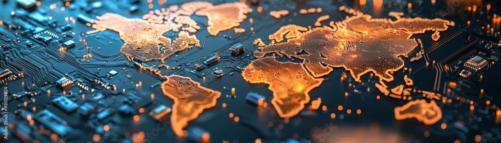 Poster a glowing world map representation with digital circuits, illustrating technology and global connect