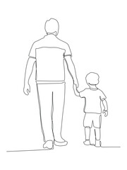 Continuous line art of Dad and son walk together holding hands.