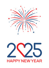 Happy New Year 2025 logo type lettering typography with heart shape and fireworks. Holiday greeting card. Vector illustration.