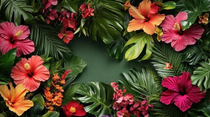 A vibrant arrangement of tropical flowers and leaves framing a blank space.