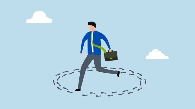 Career path dead end, 4k animation of disillusioned businessman walking around with no way out.