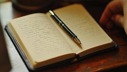 Fototapeta premium Open notebook with a pen on a wooden table.