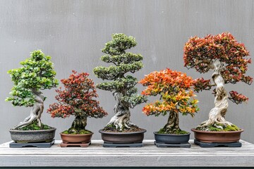 Collection of vibrant bonsai trees in different seasons