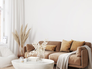 Home interior background with leather sofa, modern living room, blank wall, 3D render