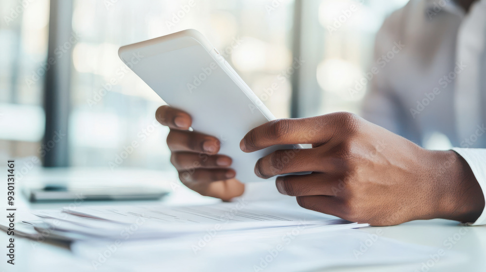 Poster individual using a phone to photograph a document, ensuring the image is sharp and well-lit, with a 