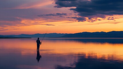 Fototapeta premium A person fishing during a peaceful sunset, sky filled with warm, orange and purple hues, soft light creating long shadows on the water, background of distant mountains and calm, reflective water,