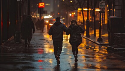 Couple walking on a rainy street at night.