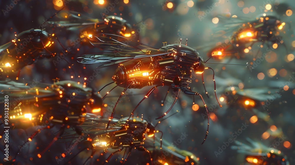 Poster a mesmerizing scene showing multiple nanobots working together in a coordinated swarm, mimicking the