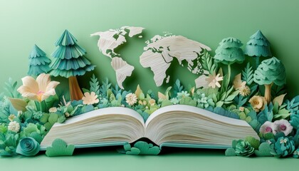 Open book growing lush papercraft forest with world map for environmental awareness