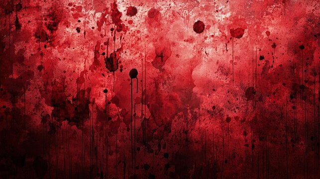 Blood Splatters And Drips On Red Grunge Background, Halloween Horror Texture