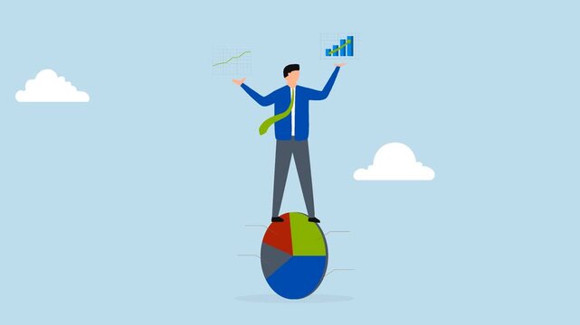 Data driven with analytics research, 4k animation of businessman balance and control circle diagram with analytical data in hand.