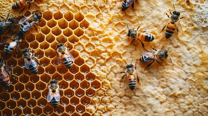 Close-up of Busy Bees Working on a Honeycomb Filled with Golden Honey, Showing the Intricate Structure of a Beehive