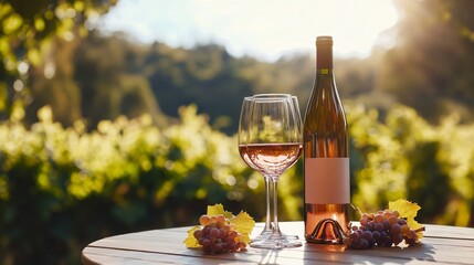 Wine Bottle and Glasses on Vineyard Table
