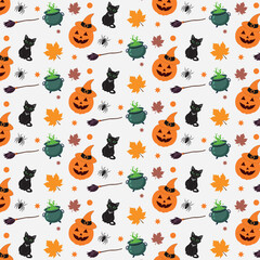 Obraz premium Halloween seamless pattern with ghosts, pumpkins, black cat, hat, broom, spiders and cauldron, potion on a white background. Autumn holiday. Ideal for textiles, banners, wallpapers, packaging.