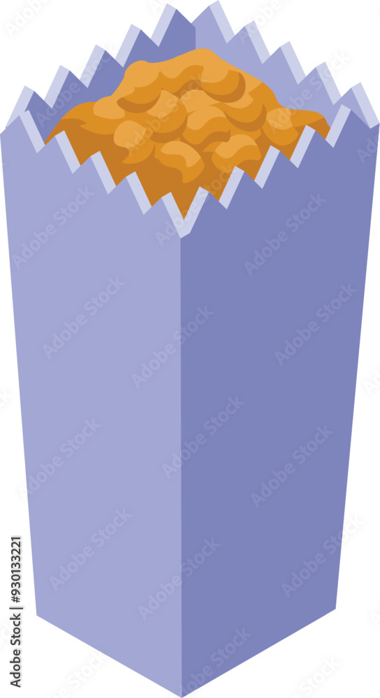 Poster Cardboard box full of popcorn standing on white background