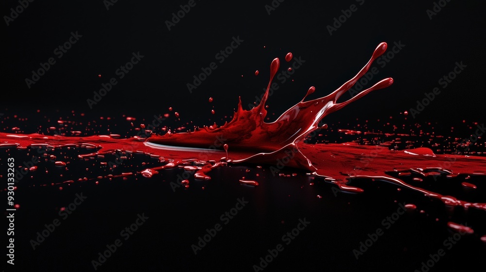 Poster crimson liquid splashing on black background, viscous red fluid in motion, dynamic artistic composit