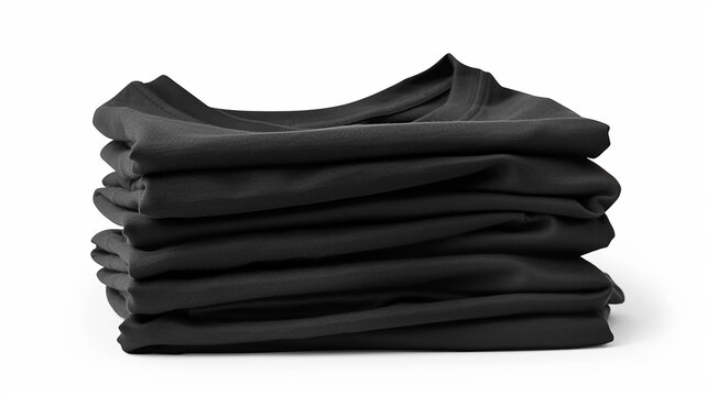 Set of pile stack group of folded blank black tee t-shirt sweater round neck on white background cutout, PNG file. Mockup template for artwork graphic design