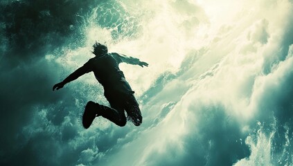 Man silhouette falling through cloudy sky.