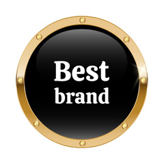 Sticker, badge or button Best brand. Gold elements to indicate ranking and awards. Realistic 3D vector illustration