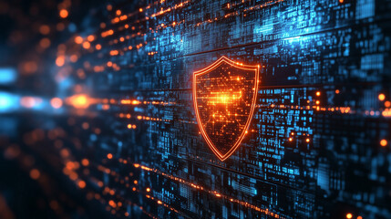 Cybersecurity shield with glowing orange data streams in digital environment
