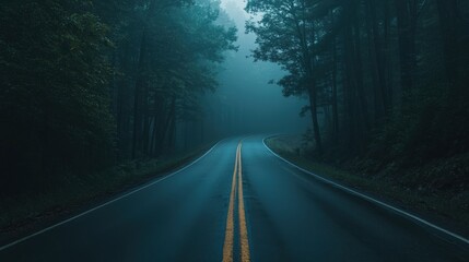 Obraz premium Winding Road Through Foggy Forest, An Eerie and Mysterious Drive Through Dense Woods on a Cloudy Day.