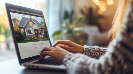 Laptop on a table with a house hunting website open, closeup of a woman hands browsing and selecting homes