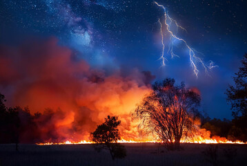 Fototapeta premium lightning strike causing bush fires on dried out grass fields; orange billowing flames and clouds of smoke