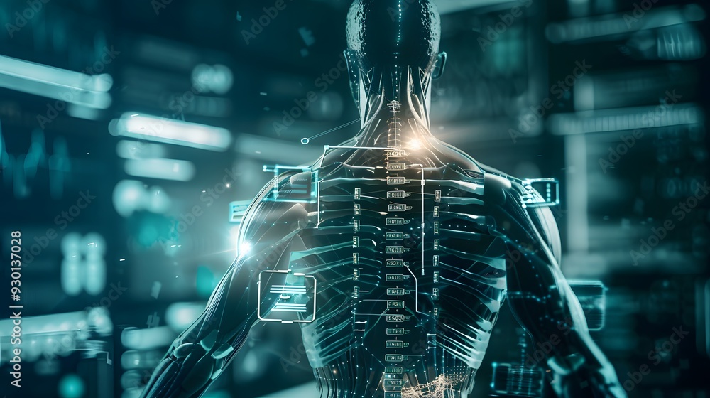 Poster a detailed image of implantable devices such as rfid chips and biometric sensors embedded in a human