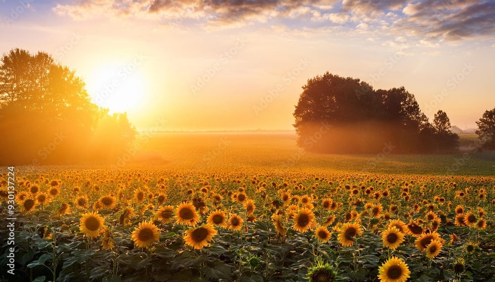 Canvas Prints a sunflower field with the flowers facing the rising sun