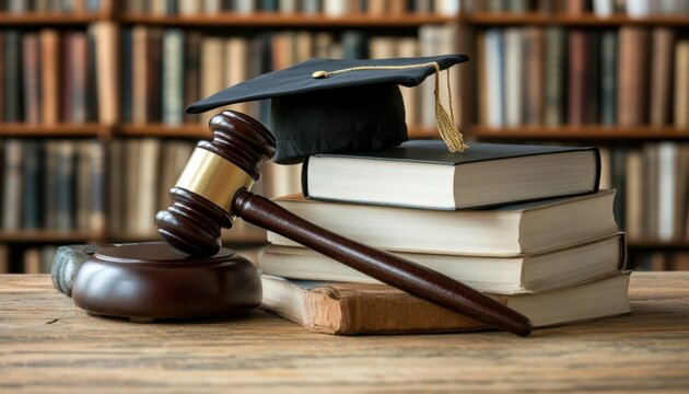 Graduation hat sitting on law books with gavel in library