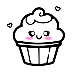 Cute kawaii cupcake with big eyes and hearts, on a white background