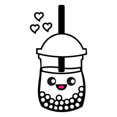 A cute cartoon illustration of a bubble tea or boba drink with a smiling face and hearts