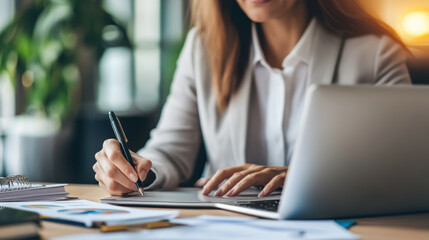 Mature lawyer and business executive, writing notes, attending webinar, financial data analysis, laptop use, working in office