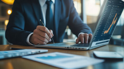 Mature executive manager, wearing suit, writing notes, watching webinar, financial data analysis on laptop, working at office desk