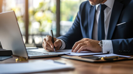 Mature lawyer and business executive, writing notes, attending webinar, financial data analysis, laptop use, working in office