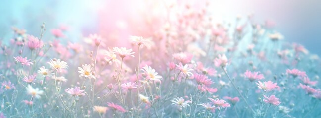 Soft Focus on Pink and White Wildflowers in Morning Light with Gentle Breeze
