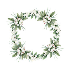 Christmas snowberry wreath with branches and white berries watercolor isolated illustration. Hand drawn round frame with winter plant, botanical clipart for holiday season and New Year